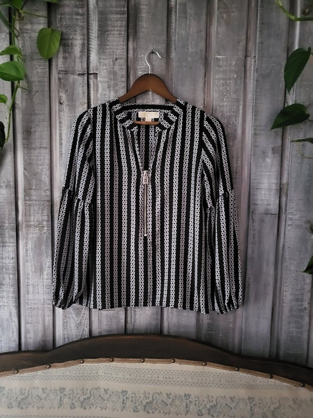 Michael Kors Black White Chain Link Print Zipper Front Balloon Sleeve Blouse S
